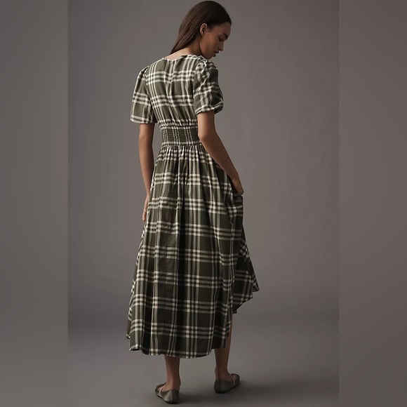 By Anthropologie Katerina Button Front Puff Sleeve Green Plaid Maxi Dress size L - Picture 2 of 9